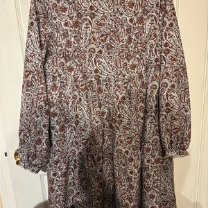 SHEIN Brown and White Paisley Tiered Smocked Long Sleeve Dress